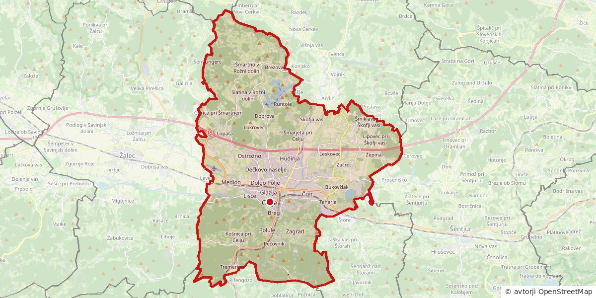 Zemljevid: občina Celje z obrisom meje