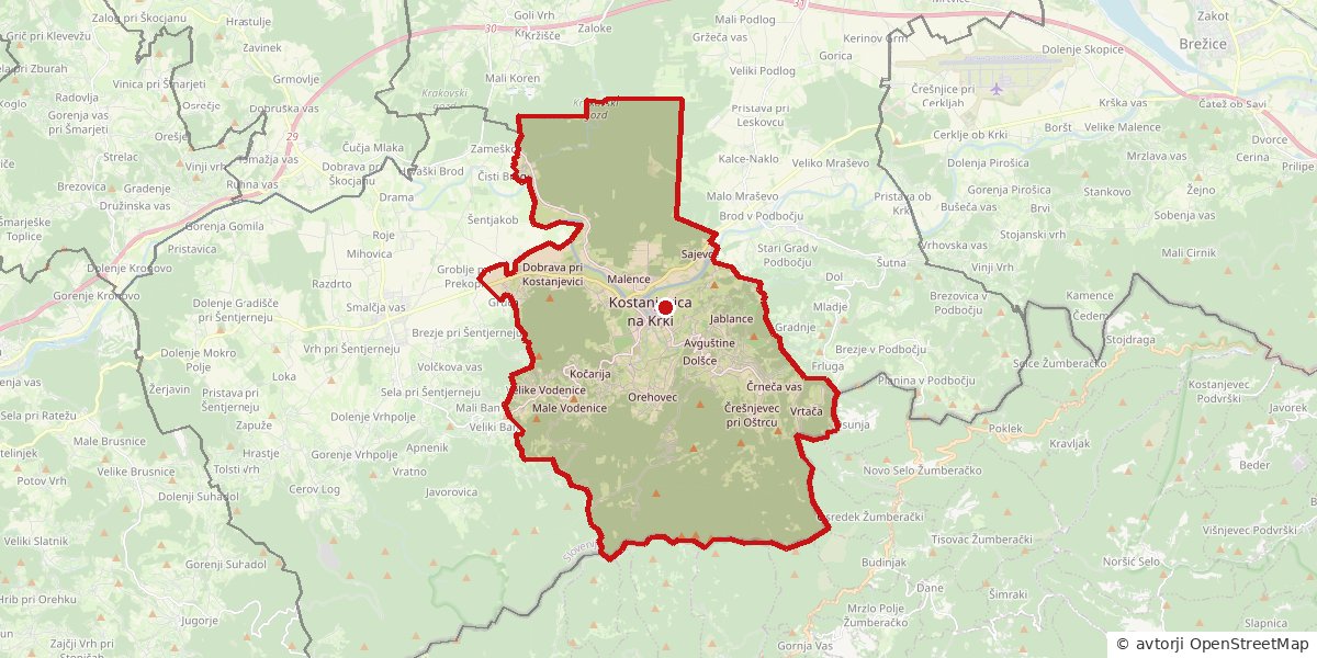 Zemljevid: občina Kostanjevica na Krki z obrisom meje