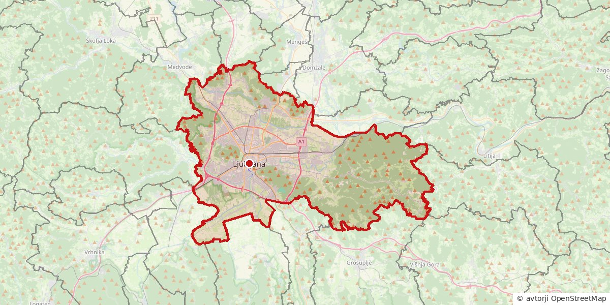 Zemljevid: občina Ljubljana z obrisom meje