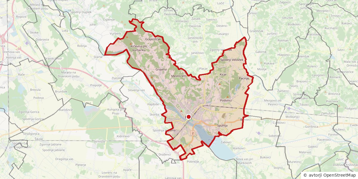 Zemljevid: občina Ptuj z obrisom meje