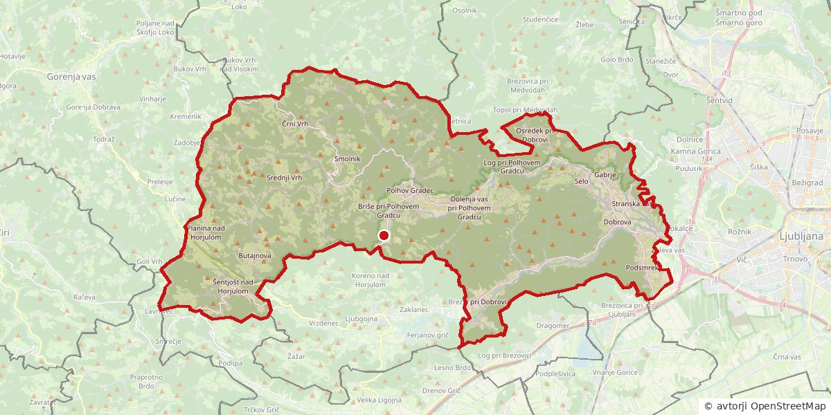 Zemljevid: občina Dobrova - Polhov Gradec z obrisom meje