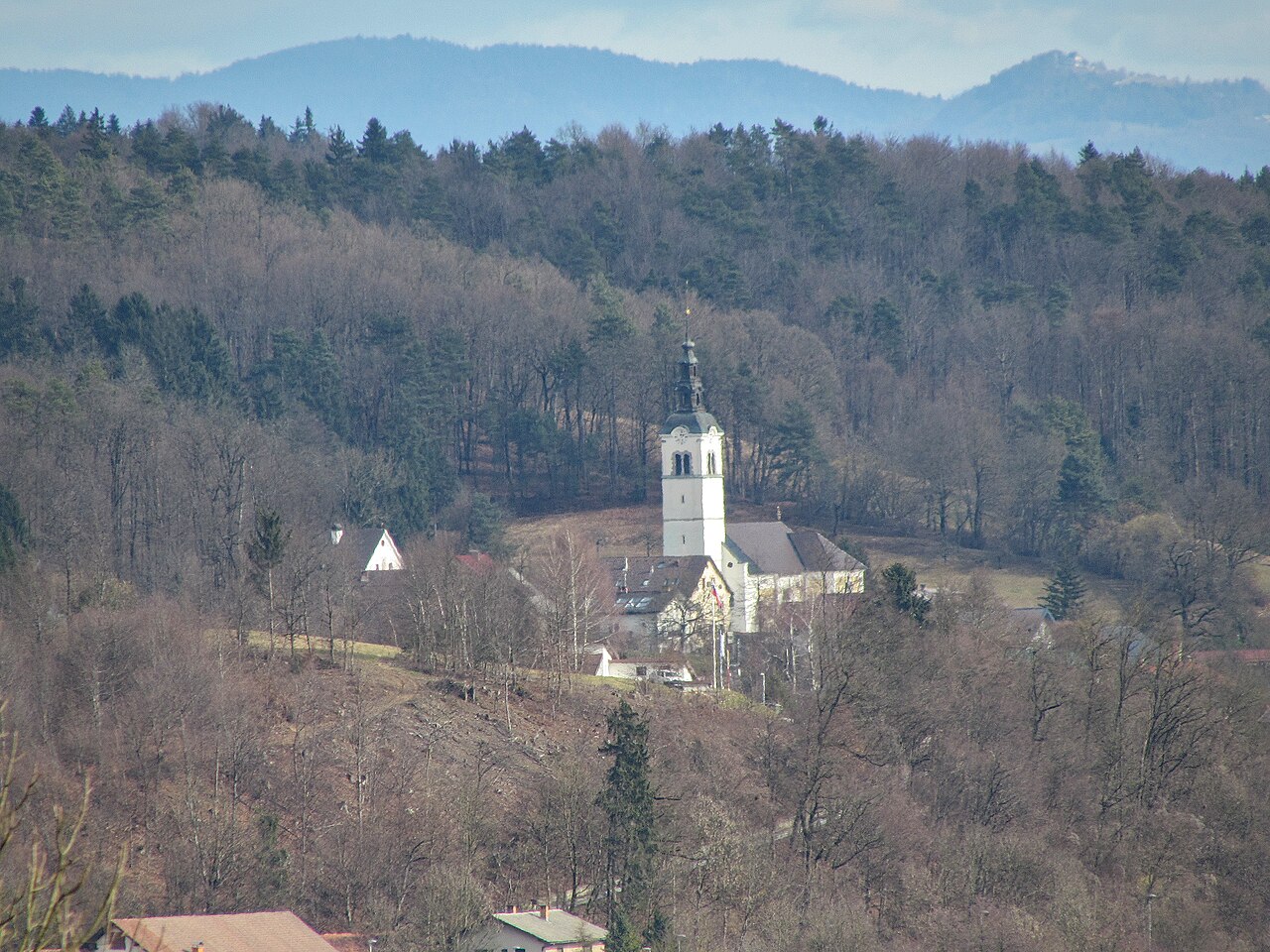 Občina Log - Dragomer Bela cerkev z zvonikom pod gozdnatim hribom