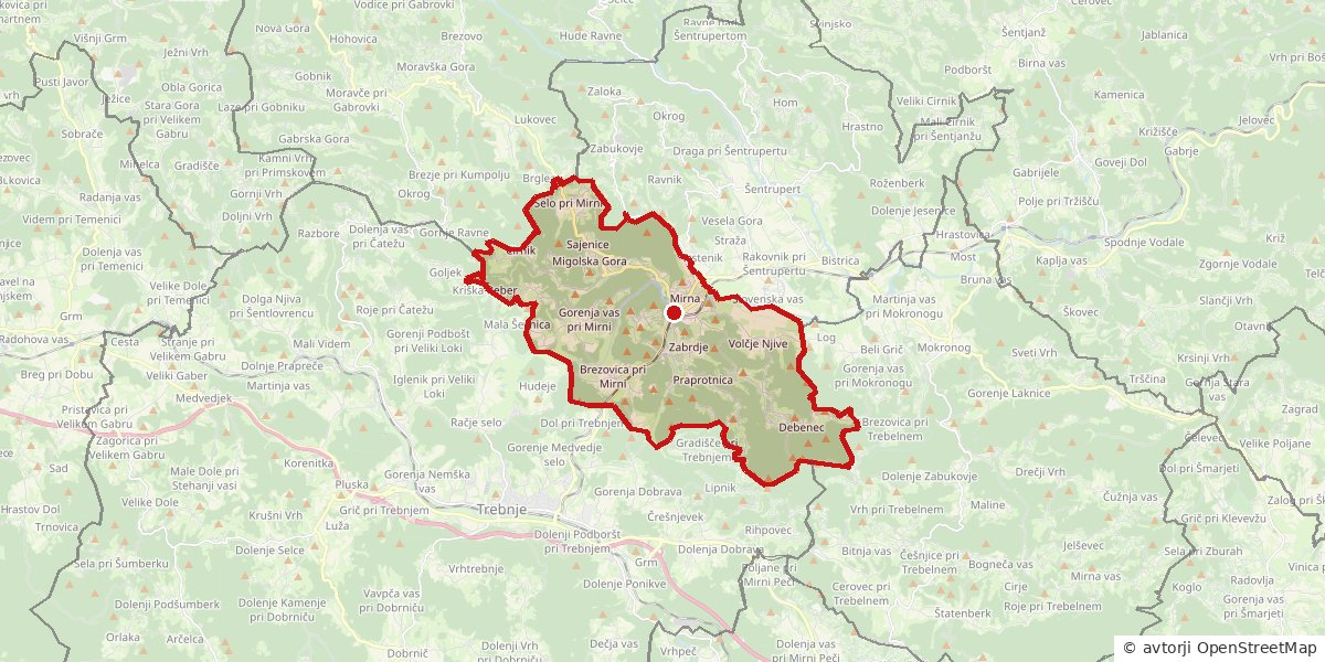 Občina Mirna Zemljevid: občina Mirna z obrisom meje