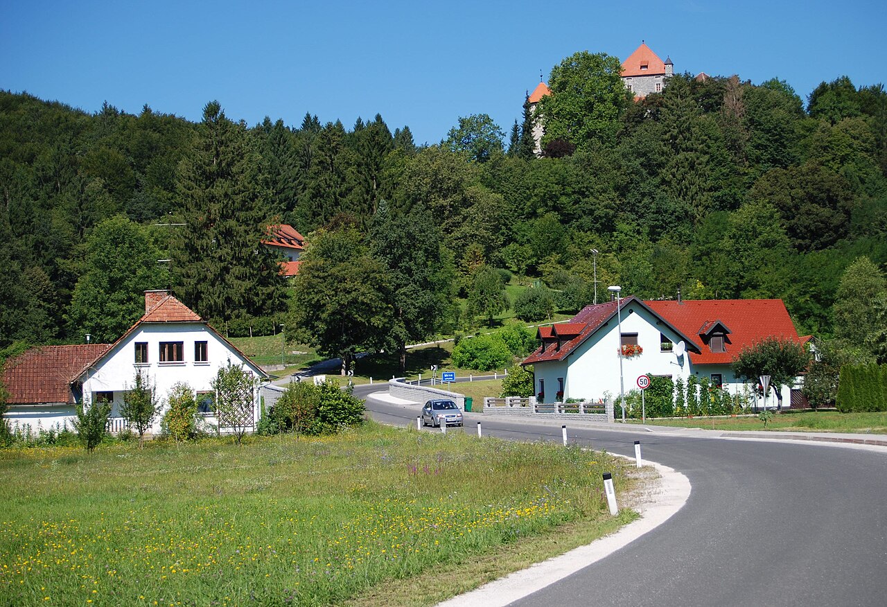 Občina Mirna Grad na gozdnatem griču nad hišami ob cesti